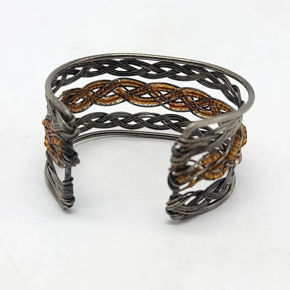 Silver Tone Wire and Amber Bead Braided Bracelet Cuff Vintage